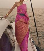Hot Pink Satin Handloom Jacquard Woven Saree With Blouse