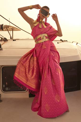 Rani Pink Satin Handloom Jacquard Woven Saree With Blouse