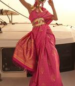 Rani Pink Satin Handloom Jacquard Woven Saree With Blouse