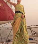 Pista Green Satin Handloom Jacquard Woven Saree With Blouse