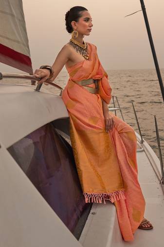 Salmon Satin Handloom Jacquard Woven Saree With Blouse