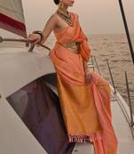 Salmon Satin Handloom Jacquard Woven Saree With Blouse