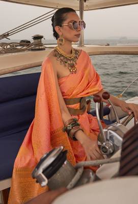 Salmon Satin Handloom Jacquard Woven Saree With Blouse 2