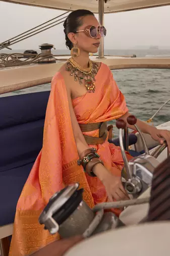 Salmon Satin Handloom Jacquard Woven Saree With Blouse