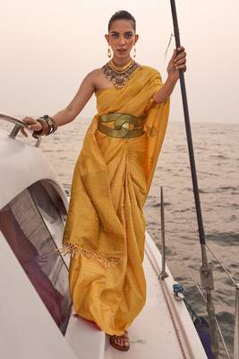 Mustard Satin Handloom Jacquard Woven Saree With Blouse 1