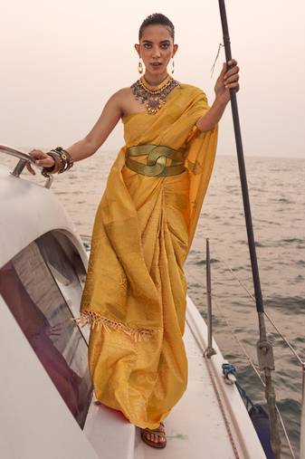 Mustard Satin Handloom Jacquard Woven Saree With Blouse
