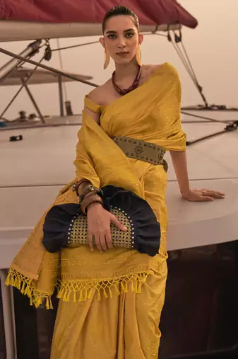 Mustard Satin Handloom Jacquard Woven Saree With Blouse