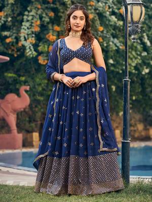 Blue Sequin Embroidered Work Georgette Fabric Wedding Lehenga Choli With Dupatta Semi Stitched. 1
