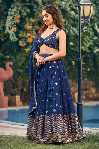 Blue Sequin Embroidered Work Georgette Fabric Wedding Lehenga Choli With Dupatta Semi Stitched.