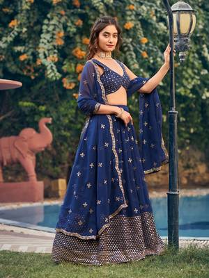 Blue Sequin Embroidered Work Georgette Fabric Wedding Lehenga Choli With Dupatta Semi Stitched. 3