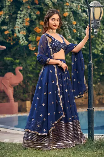 Blue Sequin Embroidered Work Georgette Fabric Wedding Lehenga Choli With Dupatta Semi Stitched.