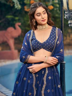 Blue Sequin Embroidered Work Georgette Fabric Wedding Lehenga Choli With Dupatta Semi Stitched. 4