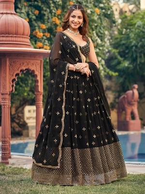 Black Georgette Sequin Bollywood Lehenga Choli with Dupatta  2