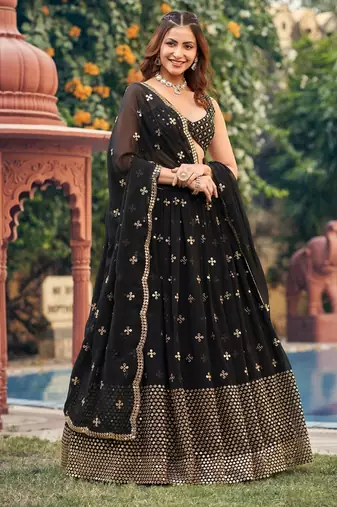 Black Georgette Sequin Bollywood Lehenga Choli with Dupatta 