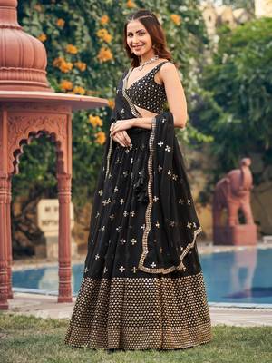 Black Georgette Sequin Bollywood Lehenga Choli with Dupatta  3
