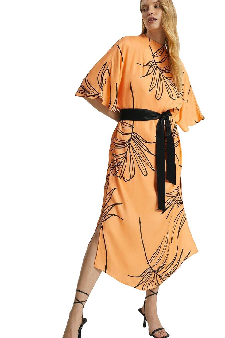 JSDC Belt Style Floral Tropical Printed Party Wear French Moss Fabric Top Dress Kaftan