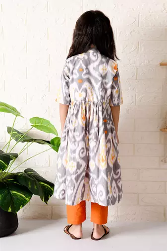 Grey paisley ikat kurta set