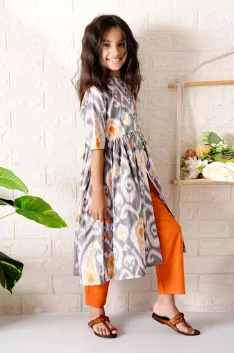 Grey paisley ikat kurta set