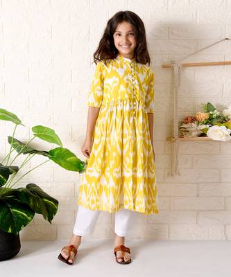 Yellow sunflower ikat kurta set 1