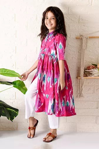 Pink strawberry ikat kurta set