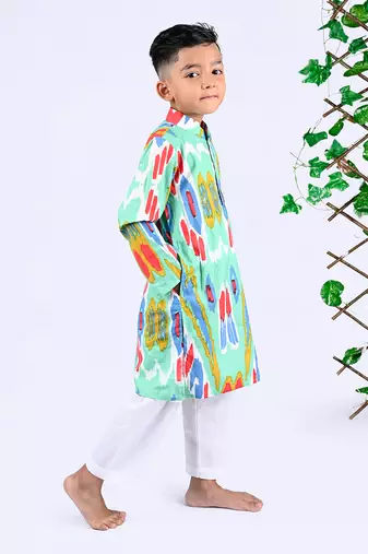 Multicolor custard ikat kurta set