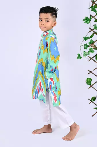 Multicolor custard ikat kurta set
