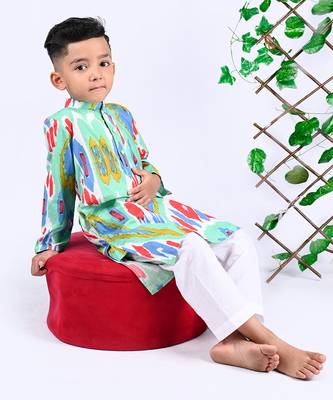 Multicolor custard ikat kurta set 5