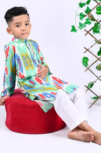 Multicolor custard ikat kurta set