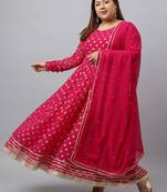 Xl love by janasya women's bright pink georgette foil print kurta with dupatta