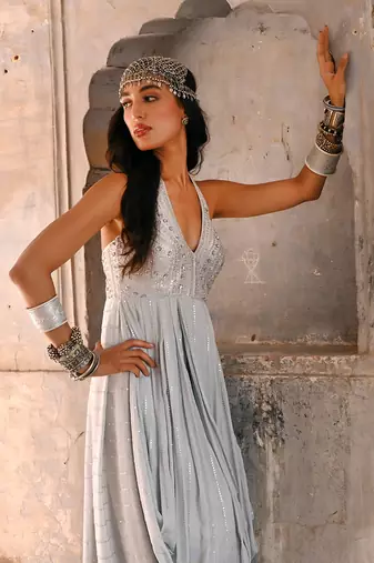 Grey georgette cowl dress