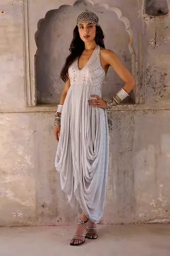 Grey georgette cowl dress