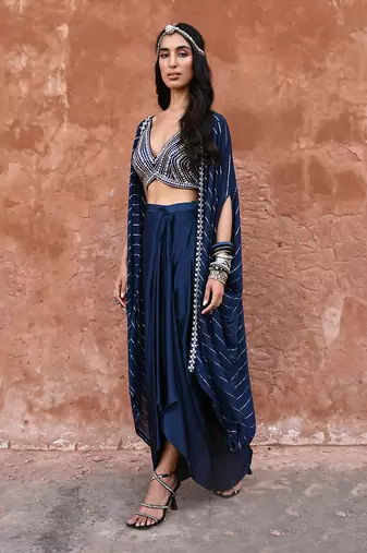 Deep blue drape skirt set