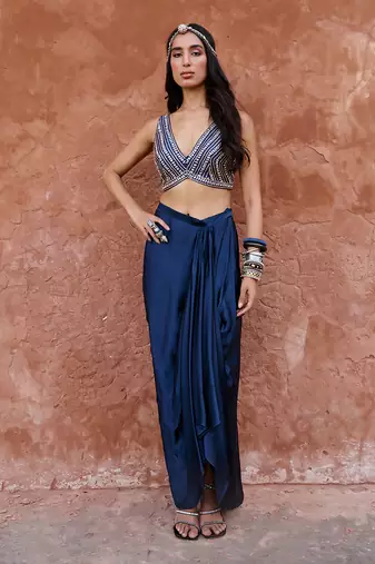 Deep blue drape skirt set