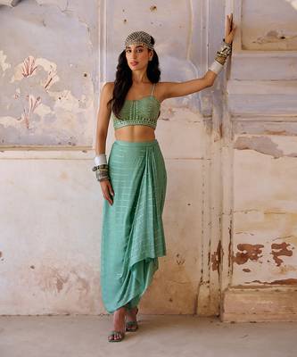 Sage green drape skirt set 4