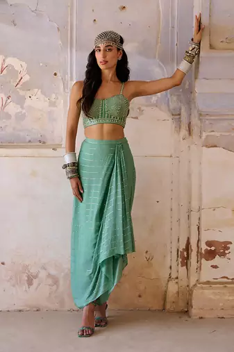 Sage green drape skirt set