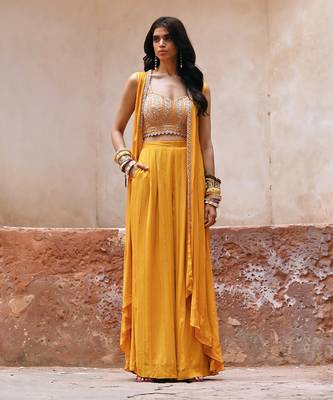 Mustard yellow georgette jacket set 1