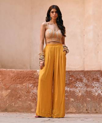 Mustard yellow georgette jacket set 3