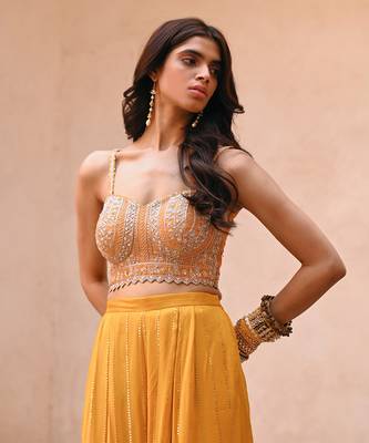 Mustard yellow georgette jacket set 4