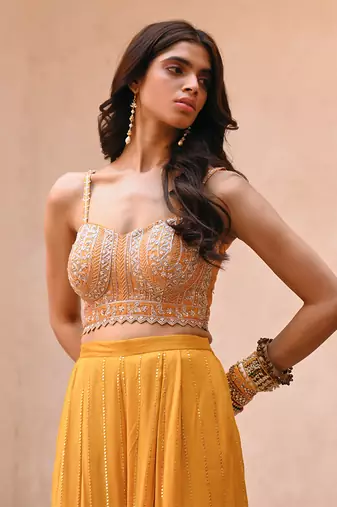 Mustard yellow georgette jacket set