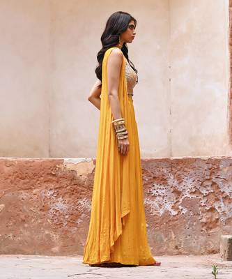 Mustard yellow georgette jacket set 5
