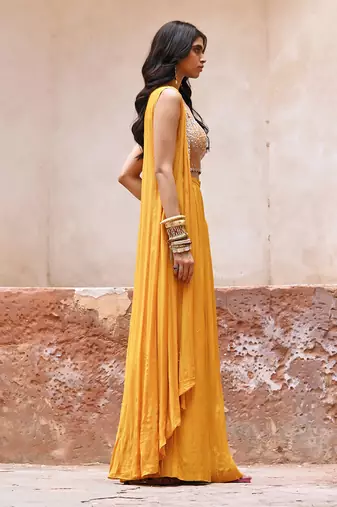 Mustard yellow georgette jacket set
