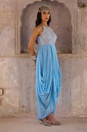 Hazel blue georgette cowl dress