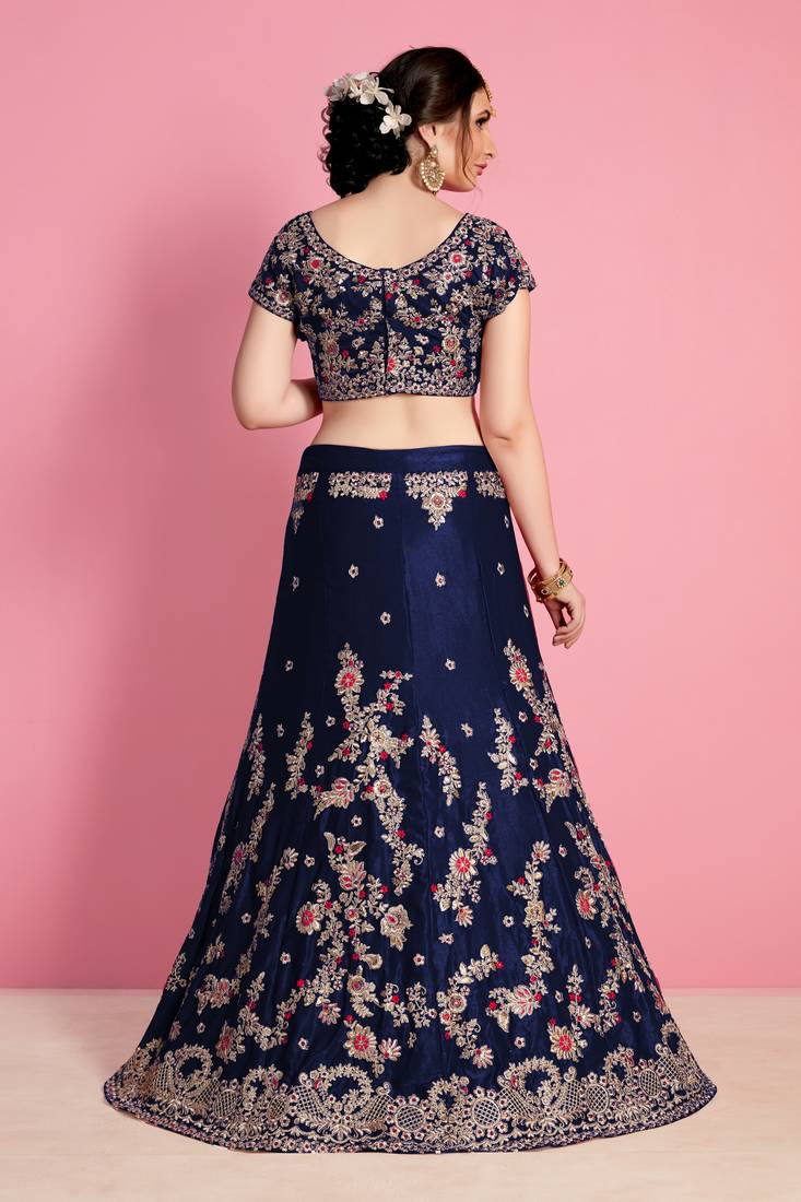 BLUE SEQUINS WITH THREAD AND ZARI EMBROIDERED CHINON SEMI STITCHED LEHENGA