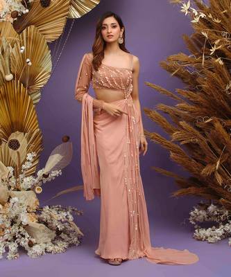 Light coral hand embroidered gown with drape 1