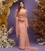 Light coral hand embroidered gown with drape