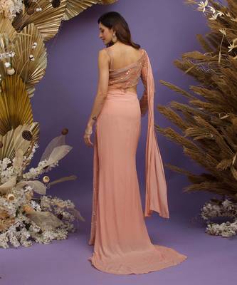 Light coral hand embroidered gown with drape 3