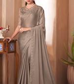 Beige glass silk plain saree with heavy embroidred & sequince blouse, lace border saree with blouse