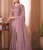 Blush pink glass silk plain saree with heavy embroidred & sequince blouse, lace border saree with blouse