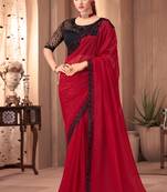 Red Georgette Silk Plain Saree With Heavy Embroidred & Sequince Blouse, Lace Border Saree With Blouse