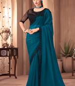 Teal blue georgette silk plain saree with heavy embroidred & sequince blouse, lace border saree with blouse